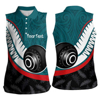 Personalised Aotearoa Lawn Bowls Women Sleeveless Polo Shirt Maori and Silver Fern Sporty Style Teal Color - Polynesian Pride