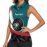 Personalised Aotearoa Lawn Bowls Women Sleeveless Polo Shirt Maori and Silver Fern Sporty Style Teal Color - Polynesian Pride