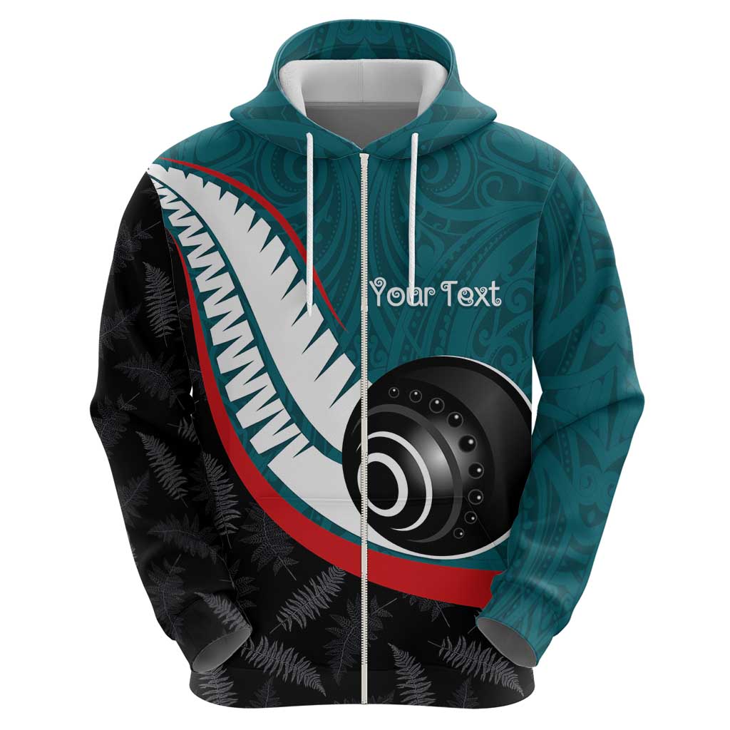 Personalised Aotearoa Lawn Bowls Zip Hoodie Maori and Silver Fern Sporty Style Teal Color - Polynesian Pride