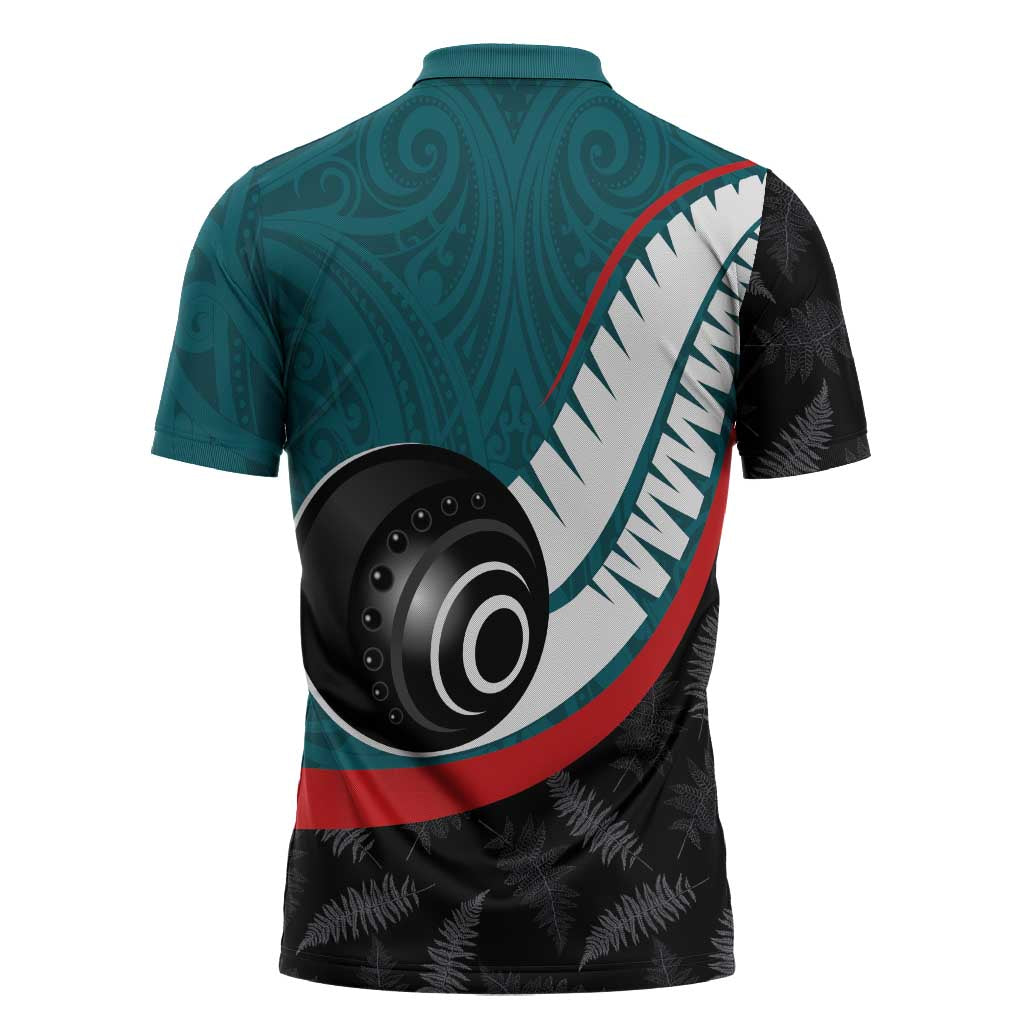 Personalised Aotearoa Lawn Bowls Zipper Polo Shirt Maori and Silver Fern Sporty Style Teal Color - Polynesian Pride