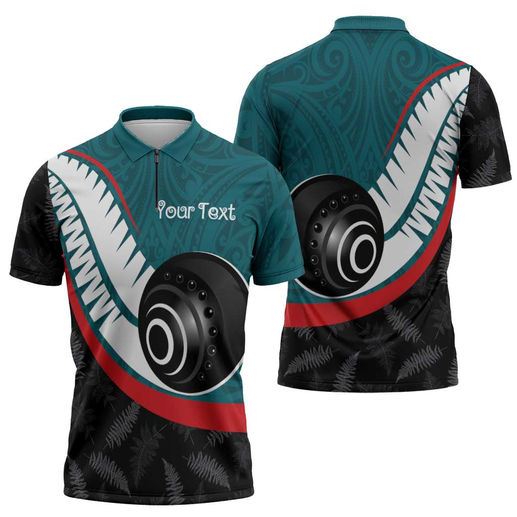 Personalised Aotearoa Lawn Bowls Zipper Polo Shirt Maori and Silver Fern Sporty Style Teal Color - Polynesian Pride