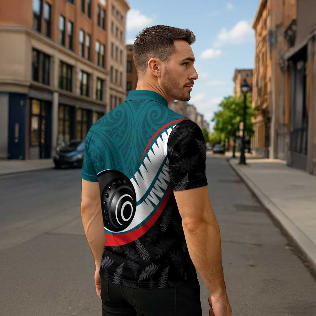 Personalised Aotearoa Lawn Bowls Zipper Polo Shirt Maori and Silver Fern Sporty Style Teal Color - Polynesian Pride
