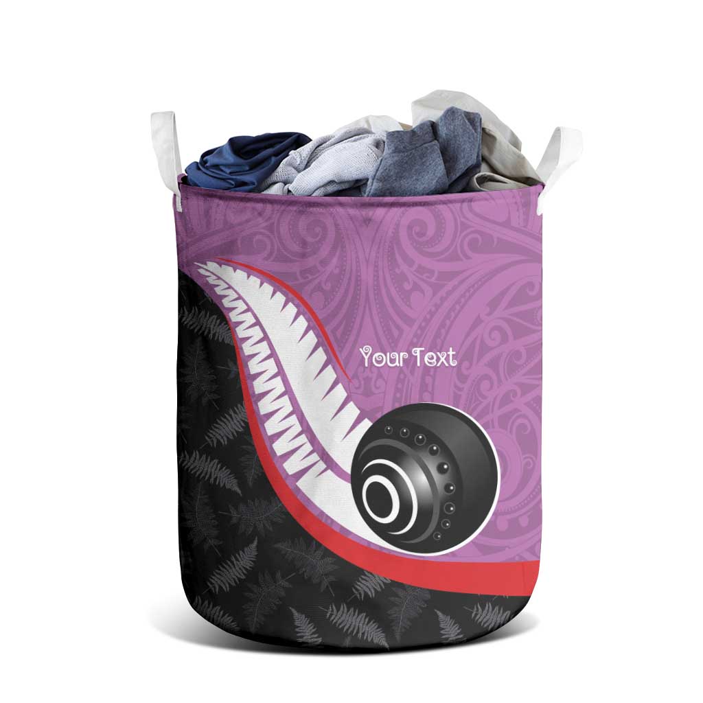 Personalised Aotearoa Lawn Bowls Laundry Basket Maori and Silver Fern Sporty Style Pink Color - Polynesian Pride