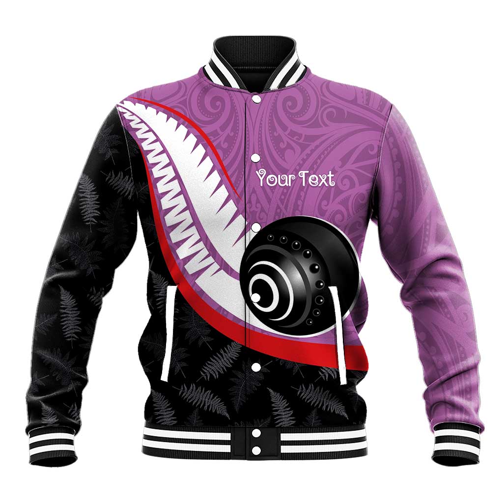Personalised Aotearoa Lawn Bowls Baseball Jacket Maori and Silver Fern Sporty Style Pink Color - Polynesian Pride