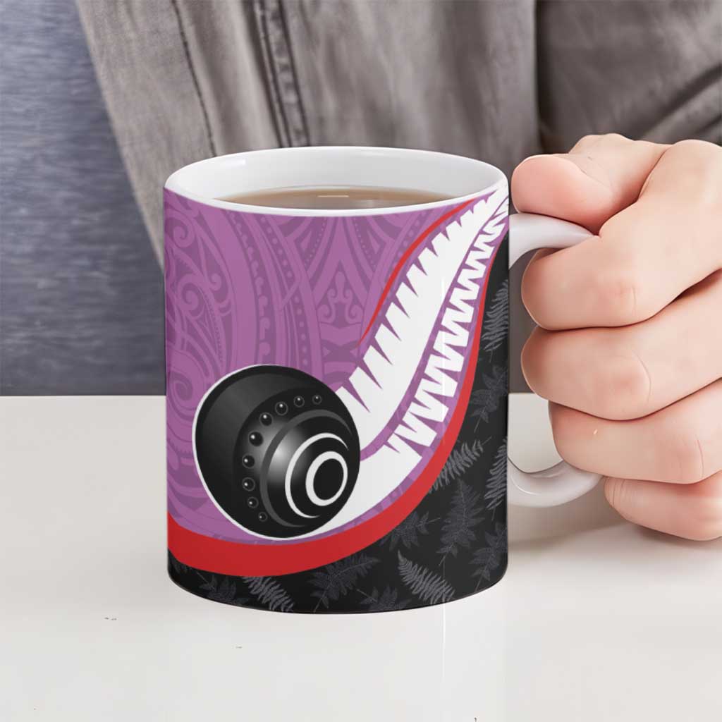 Personalised Aotearoa Lawn Bowls Ceramic Mug Maori and Silver Fern Sporty Style Pink Color - Polynesian Pride