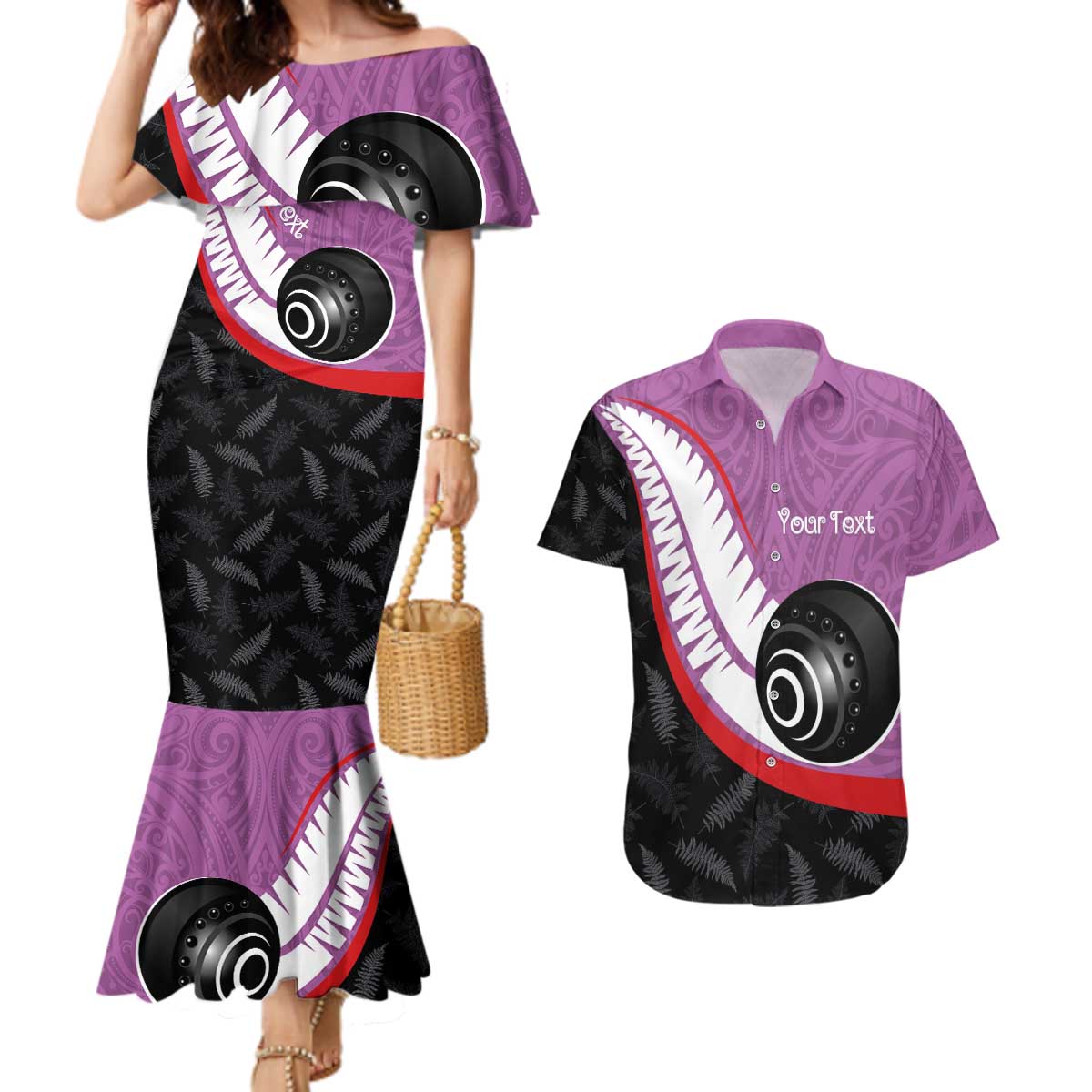 Personalised Aotearoa Lawn Bowls Couples Matching Mermaid Dress and Hawaiian Shirt Maori and Silver Fern Sporty Style Pink Color - Polynesian Pride