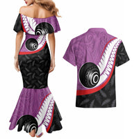 Personalised Aotearoa Lawn Bowls Couples Matching Mermaid Dress and Hawaiian Shirt Maori and Silver Fern Sporty Style Pink Color - Polynesian Pride