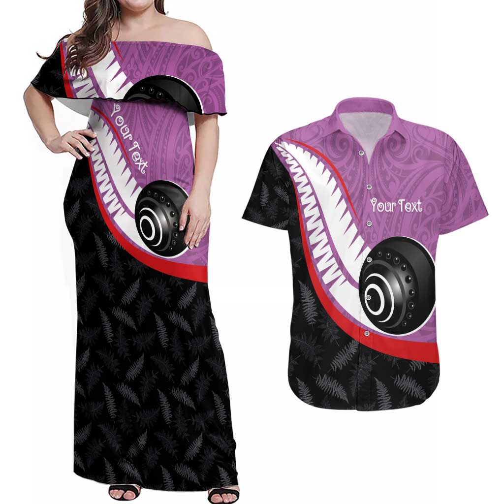 Personalised Aotearoa Lawn Bowls Couples Matching Off Shoulder Maxi Dress and Hawaiian Shirt Maori and Silver Fern Sporty Style Pink Color - Polynesian Pride