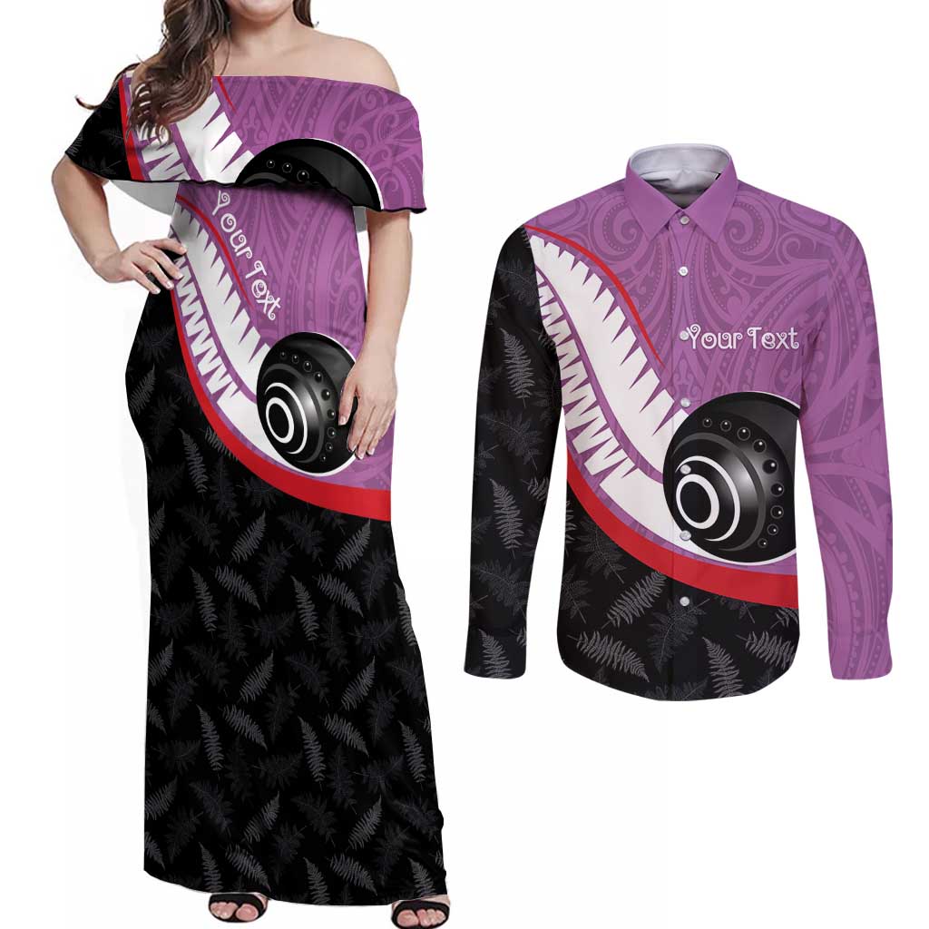 Personalised Aotearoa Lawn Bowls Couples Matching Off Shoulder Maxi Dress and Long Sleeve Button Shirt Maori and Silver Fern Sporty Style Pink Color - Polynesian Pride
