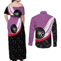 Personalised Aotearoa Lawn Bowls Couples Matching Off Shoulder Maxi Dress and Long Sleeve Button Shirt Maori and Silver Fern Sporty Style Pink Color - Polynesian Pride