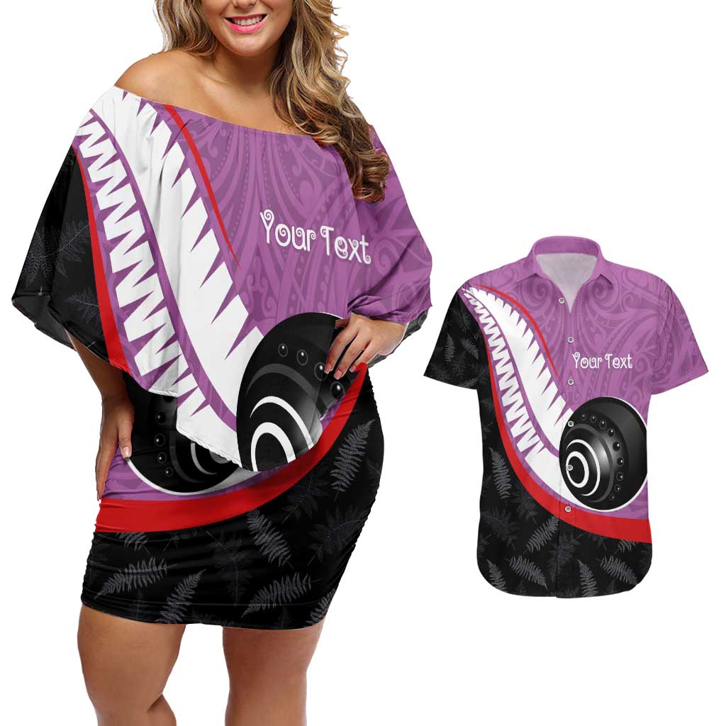 Personalised Aotearoa Lawn Bowls Couples Matching Off Shoulder Short Dress and Hawaiian Shirt Maori and Silver Fern Sporty Style Pink Color - Polynesian Pride