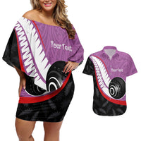 Personalised Aotearoa Lawn Bowls Couples Matching Off Shoulder Short Dress and Hawaiian Shirt Maori and Silver Fern Sporty Style Pink Color - Polynesian Pride