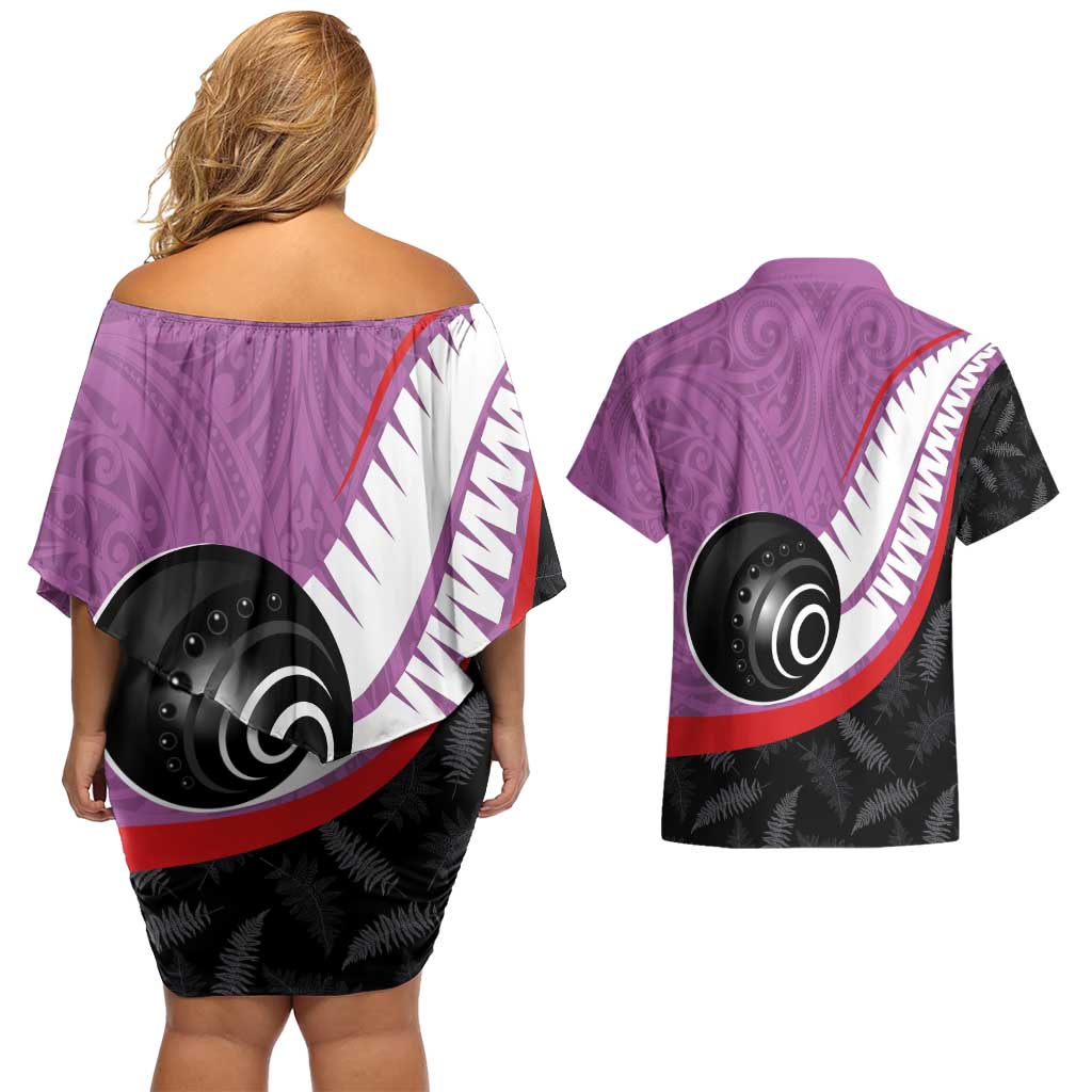 Personalised Aotearoa Lawn Bowls Couples Matching Off Shoulder Short Dress and Hawaiian Shirt Maori and Silver Fern Sporty Style Pink Color - Polynesian Pride
