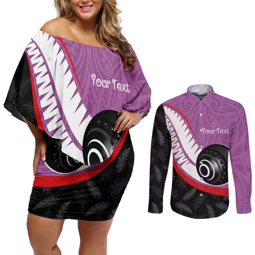 Personalised Aotearoa Lawn Bowls Couples Matching Off Shoulder Short Dress and Long Sleeve Button Shirt Maori and Silver Fern Sporty Style Pink Color - Polynesian Pride