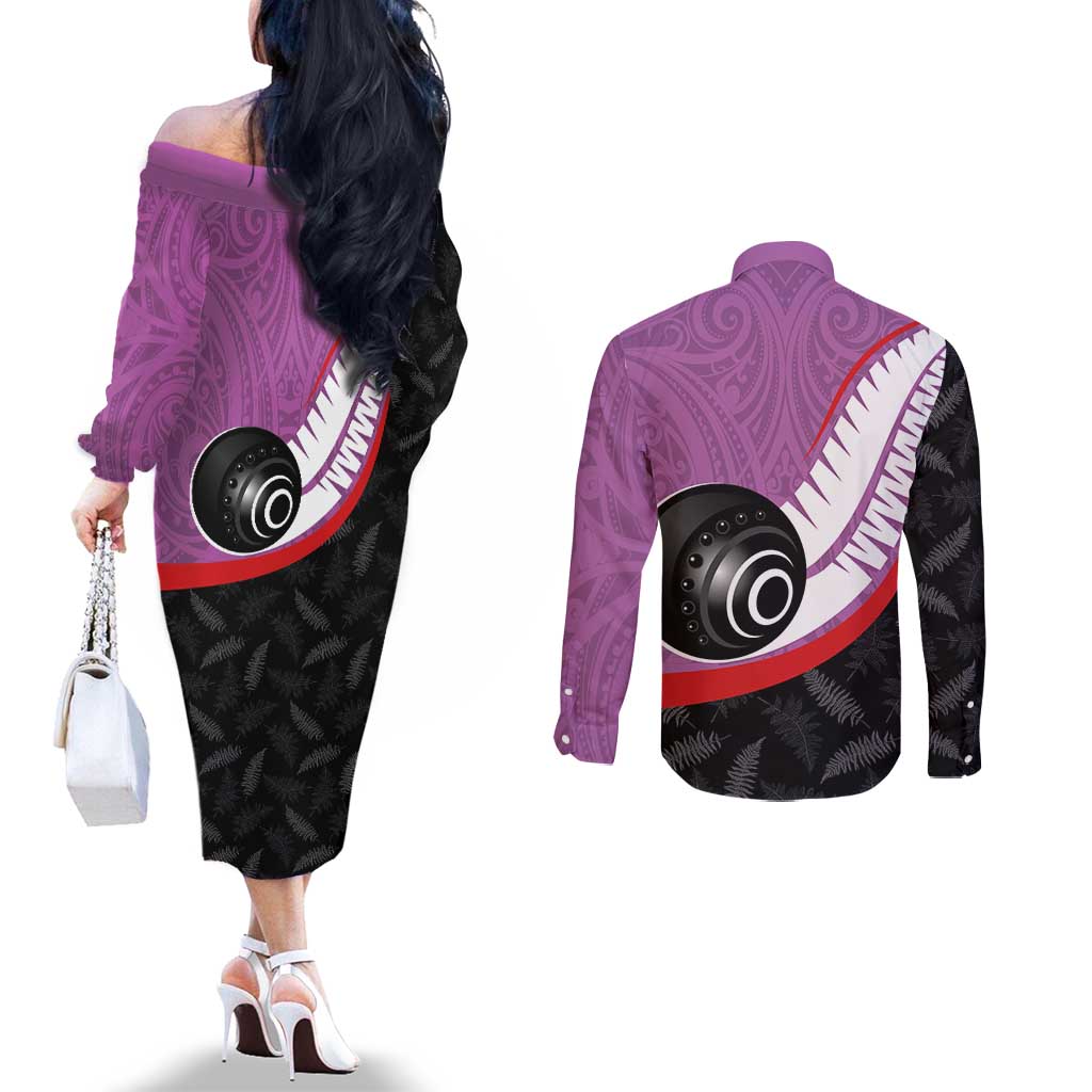 Personalised Aotearoa Lawn Bowls Couples Matching Off The Shoulder Long Sleeve Dress and Long Sleeve Button Shirt Maori and Silver Fern Sporty Style Pink Color - Polynesian Pride