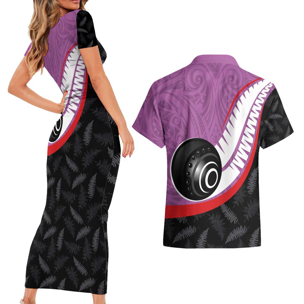 Personalised Aotearoa Lawn Bowls Couples Matching Short Sleeve Bodycon Dress and Hawaiian Shirt Maori and Silver Fern Sporty Style Pink Color - Polynesian Pride