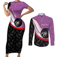 Personalised Aotearoa Lawn Bowls Couples Matching Short Sleeve Bodycon Dress and Long Sleeve Button Shirt Maori and Silver Fern Sporty Style Pink Color - Polynesian Pride