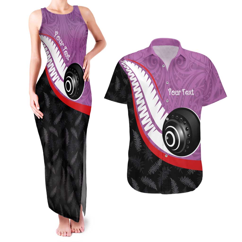 Personalised Aotearoa Lawn Bowls Couples Matching Tank Maxi Dress and Hawaiian Shirt Maori and Silver Fern Sporty Style Pink Color - Polynesian Pride