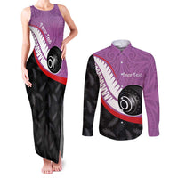 Personalised Aotearoa Lawn Bowls Couples Matching Tank Maxi Dress and Long Sleeve Button Shirt Maori and Silver Fern Sporty Style Pink Color - Polynesian Pride