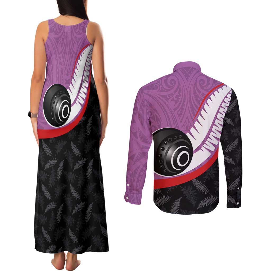 Personalised Aotearoa Lawn Bowls Couples Matching Tank Maxi Dress and Long Sleeve Button Shirt Maori and Silver Fern Sporty Style Pink Color - Polynesian Pride