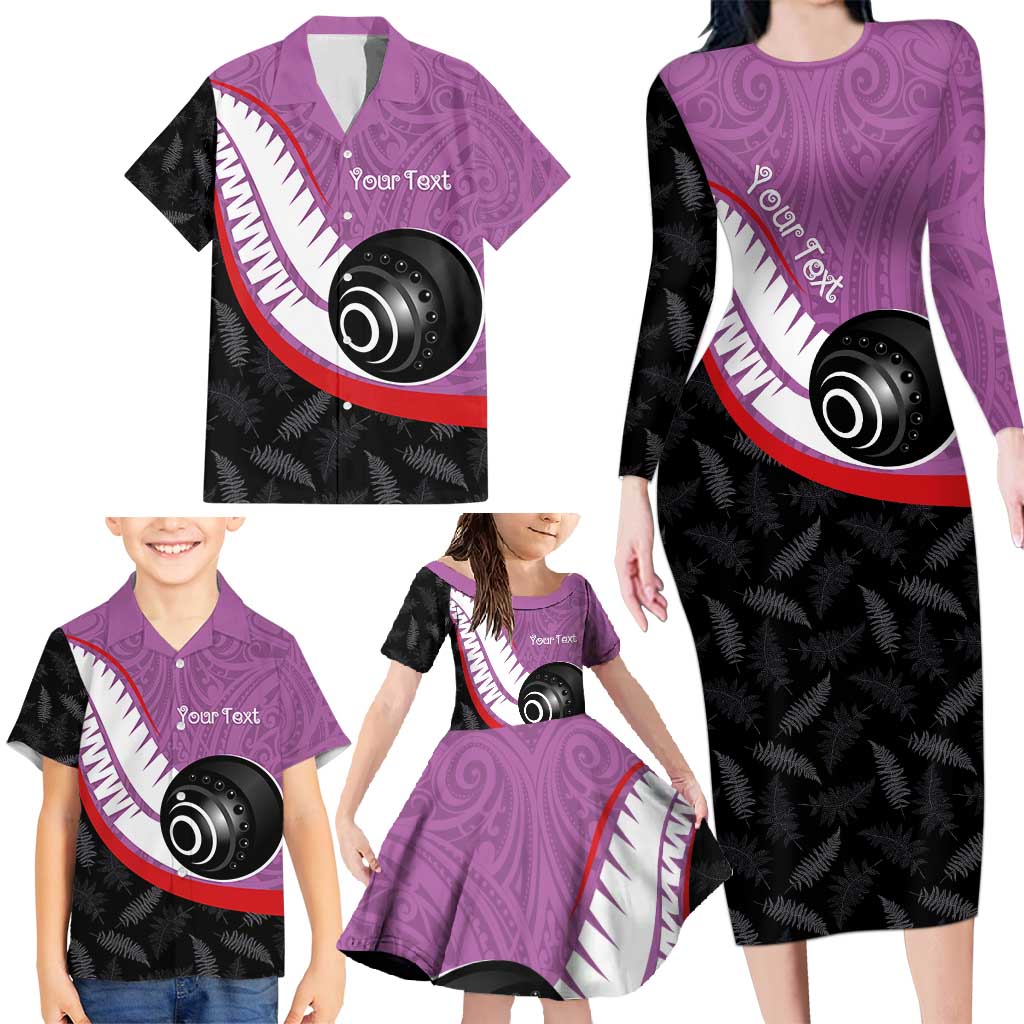 Personalised Aotearoa Lawn Bowls Family Matching Long Sleeve Bodycon Dress and Hawaiian Shirt Maori and Silver Fern Sporty Style Pink Color - Polynesian Pride