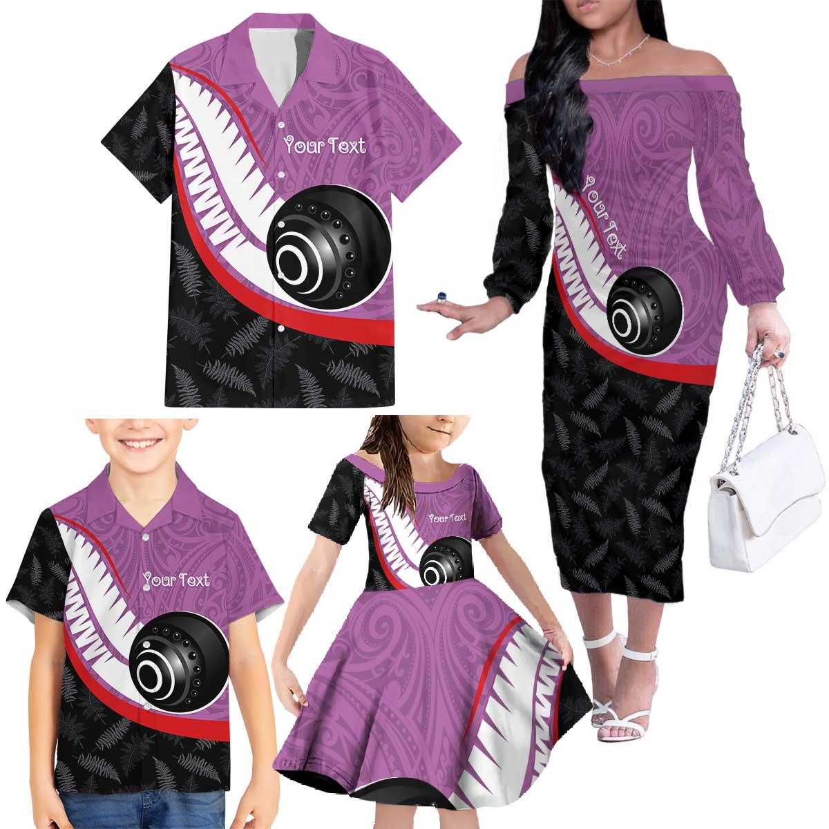 Personalised Aotearoa Lawn Bowls Family Matching Off The Shoulder Long Sleeve Dress and Hawaiian Shirt Maori and Silver Fern Sporty Style Pink Color - Polynesian Pride
