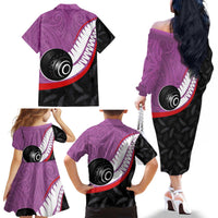 Personalised Aotearoa Lawn Bowls Family Matching Off The Shoulder Long Sleeve Dress and Hawaiian Shirt Maori and Silver Fern Sporty Style Pink Color - Polynesian Pride