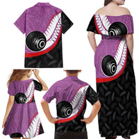 Personalised Aotearoa Lawn Bowls Family Matching Off Shoulder Maxi Dress and Hawaiian Shirt Maori and Silver Fern Sporty Style Pink Color - Polynesian Pride