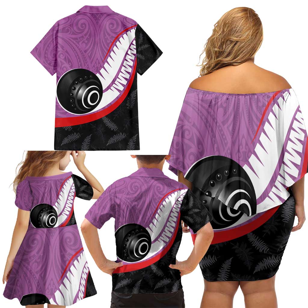 Personalised Aotearoa Lawn Bowls Family Matching Off Shoulder Short Dress and Hawaiian Shirt Maori and Silver Fern Sporty Style Pink Color - Polynesian Pride
