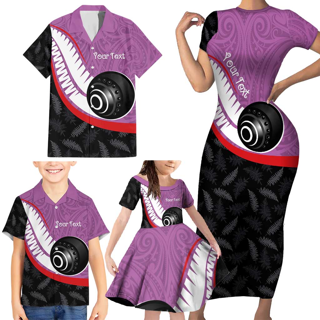 Personalised Aotearoa Lawn Bowls Family Matching Short Sleeve Bodycon Dress and Hawaiian Shirt Maori and Silver Fern Sporty Style Pink Color - Polynesian Pride