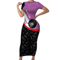 Personalised Aotearoa Lawn Bowls Family Matching Short Sleeve Bodycon Dress and Hawaiian Shirt Maori and Silver Fern Sporty Style Pink Color - Polynesian Pride