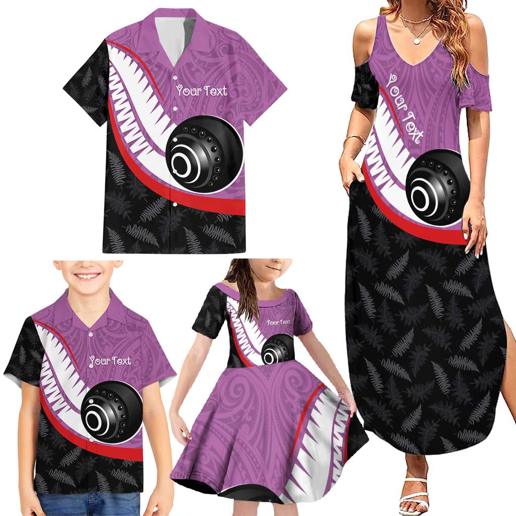 Personalised Aotearoa Lawn Bowls Family Matching Summer Maxi Dress and Hawaiian Shirt Maori and Silver Fern Sporty Style Pink Color - Polynesian Pride