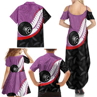 Personalised Aotearoa Lawn Bowls Family Matching Summer Maxi Dress and Hawaiian Shirt Maori and Silver Fern Sporty Style Pink Color - Polynesian Pride