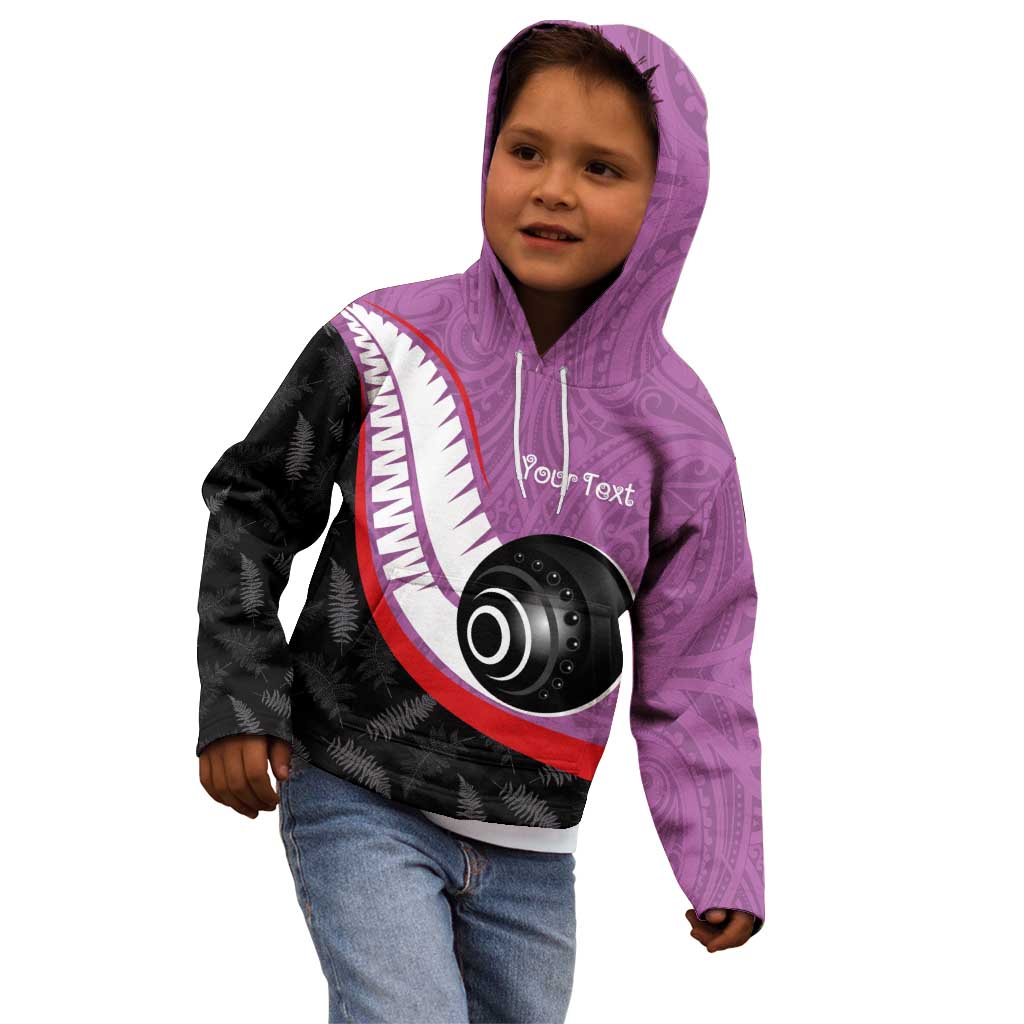 Personalised Aotearoa Lawn Bowls Kid Hoodie Maori and Silver Fern Sporty Style Pink Color - Polynesian Pride