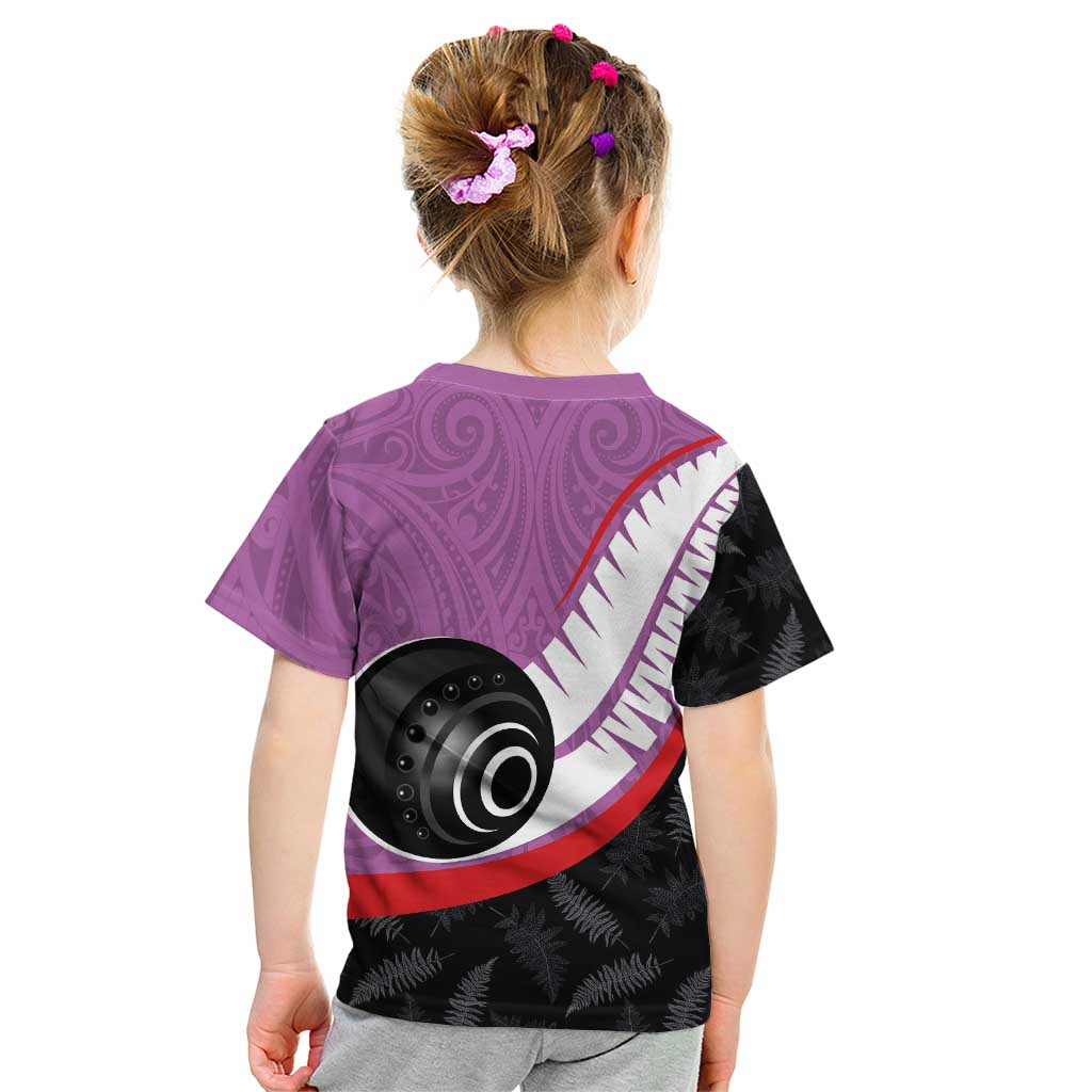 Personalised Aotearoa Lawn Bowls Kid T Shirt Maori and Silver Fern Sporty Style Pink Color - Polynesian Pride