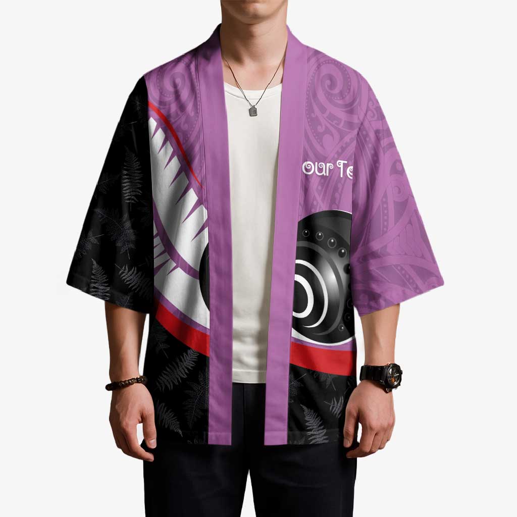 Personalised Aotearoa Lawn Bowls Kimono Maori and Silver Fern Sporty Style Pink Color - Polynesian Pride