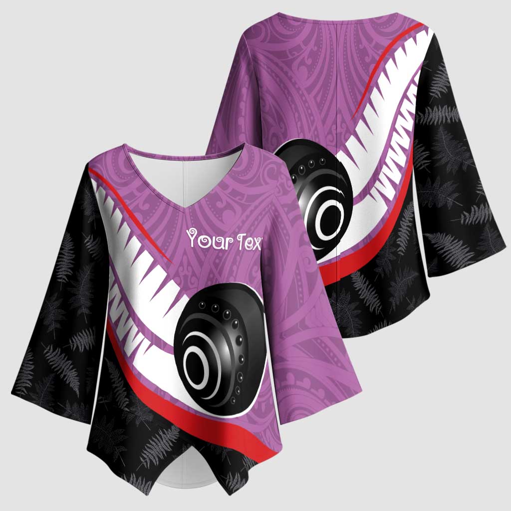 Personalised Aotearoa Lawn Bowls Kimono Sleeve Blouse Maori and Silver Fern Sporty Style Pink Color - Polynesian Pride