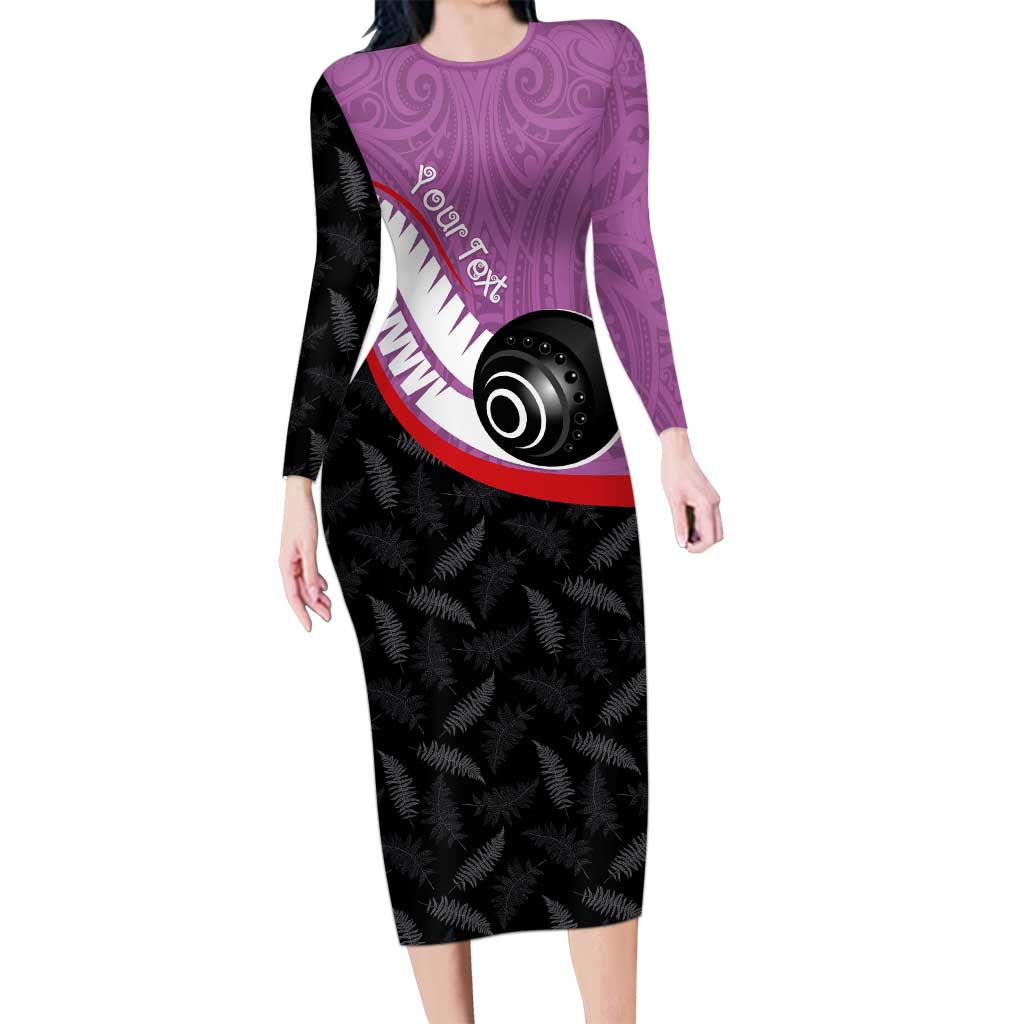 Personalised Aotearoa Lawn Bowls Long Sleeve Bodycon Dress Maori and Silver Fern Sporty Style Pink Color LT03 Long Dress Pink - Polynesian Pride