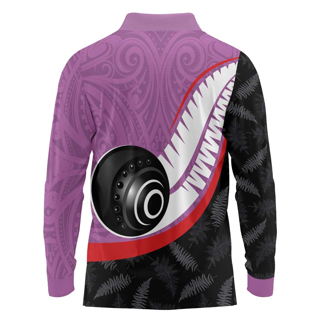 Personalised Aotearoa Lawn Bowls Long Sleeve Polo Shirt Maori and Silver Fern Sporty Style Pink Color - Polynesian Pride