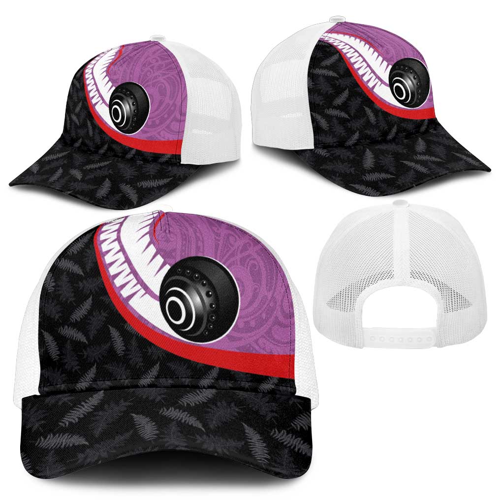Aotearoa Lawn Bowls Mesh Trucker Cap Maori and Silver Fern Sporty Style Pink Color - Polynesian Pride