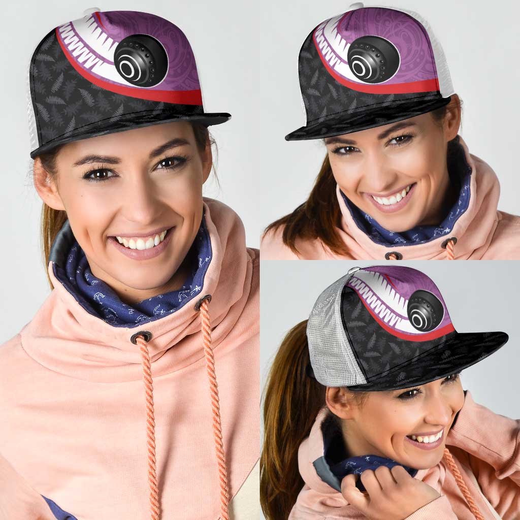 Aotearoa Lawn Bowls Mesh Trucker Cap Maori and Silver Fern Sporty Style Pink Color - Polynesian Pride