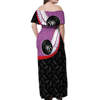 Personalised Aotearoa Lawn Bowls Off Shoulder Maxi Dress Maori and Silver Fern Sporty Style Pink Color - Polynesian Pride