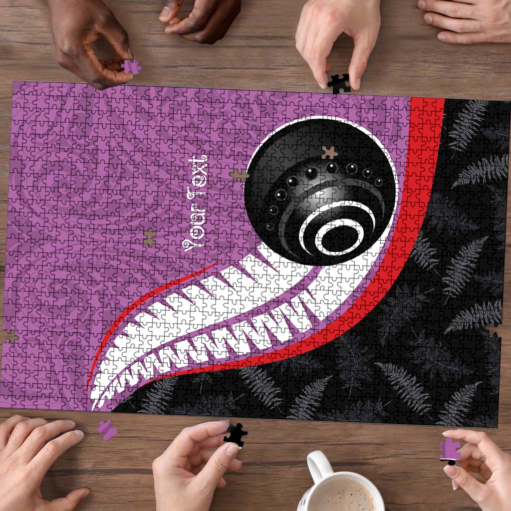 Personalised Aotearoa Lawn Bowls Puzzle Maori and Silver Fern Sporty Style Pink Color - Polynesian Pride