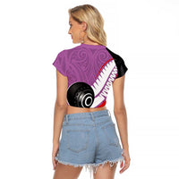 Personalised Aotearoa Lawn Bowls Raglan Cropped T Shirt Maori and Silver Fern Sporty Style Pink Color - Polynesian Pride