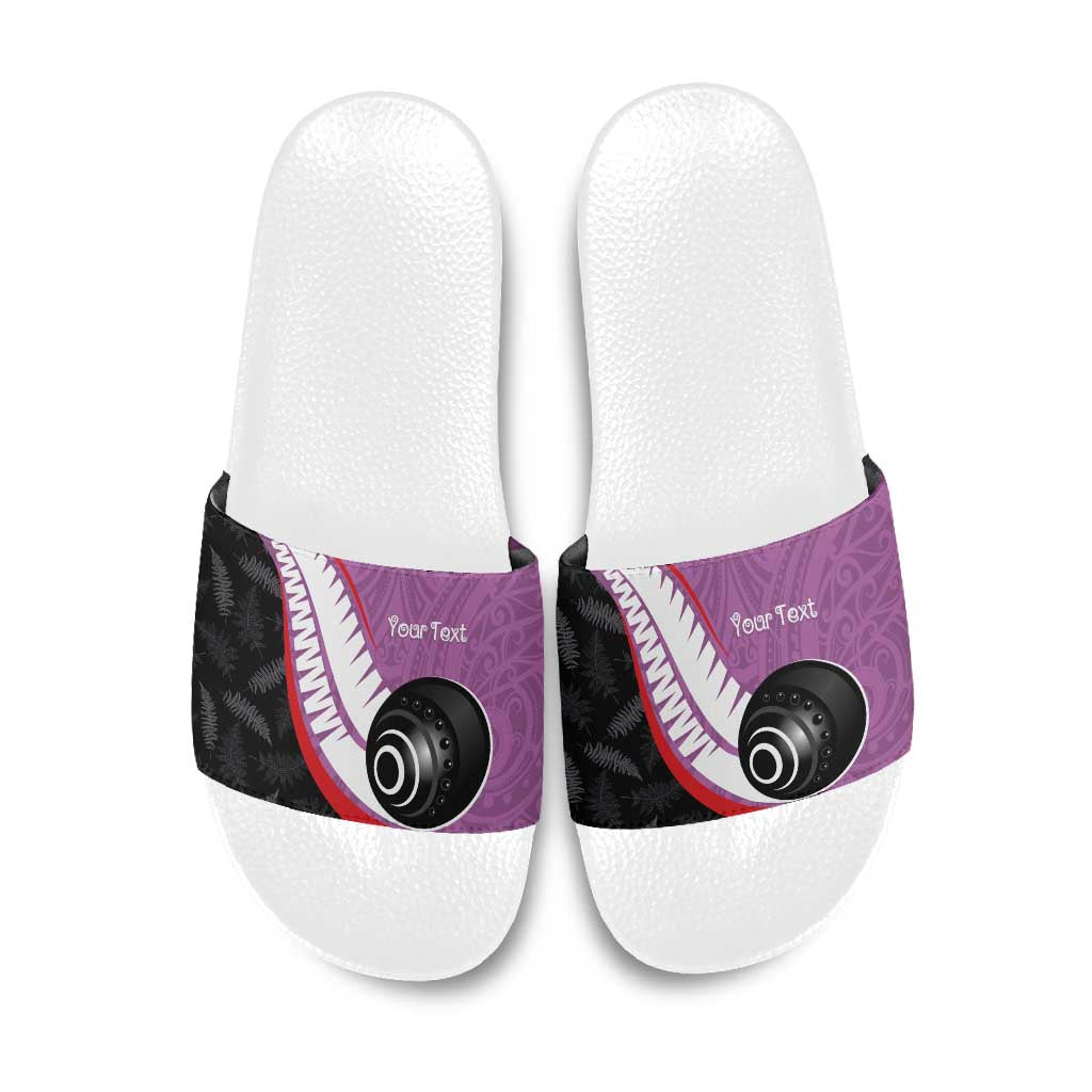 Personalised Aotearoa Lawn Bowls Slide Sandals Maori and Silver Fern Sporty Style Pink Color - Polynesian Pride