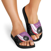 Personalised Aotearoa Lawn Bowls Slide Sandals Maori and Silver Fern Sporty Style Pink Color - Polynesian Pride