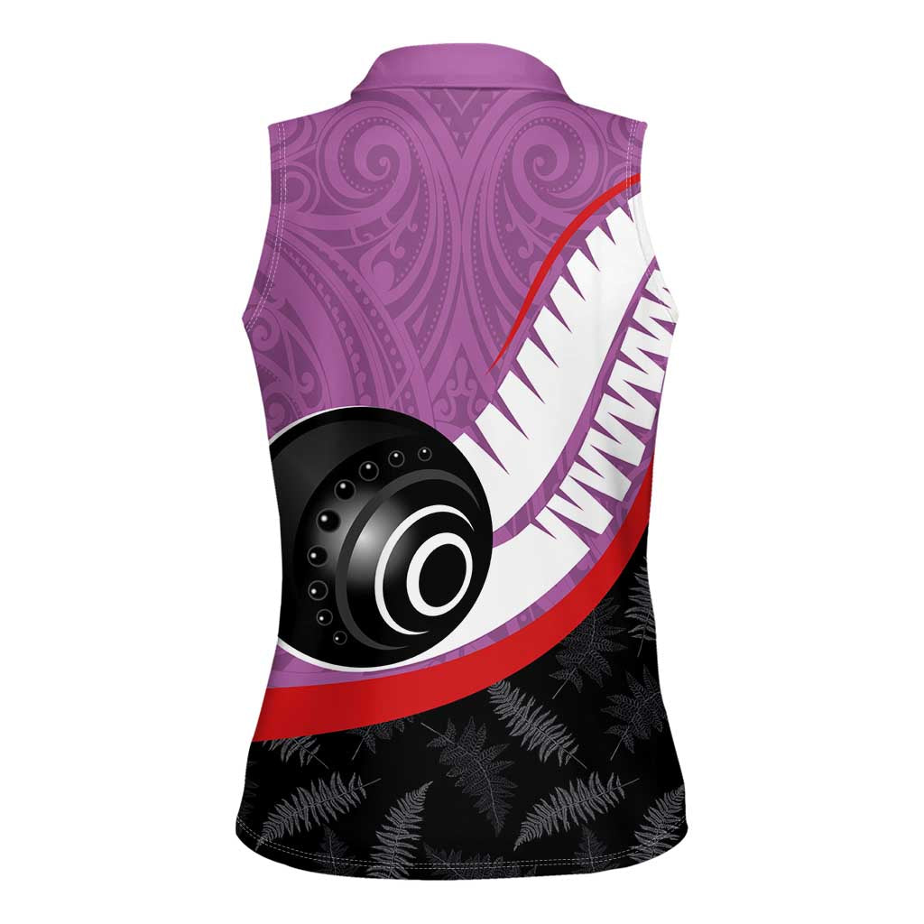 Personalised Aotearoa Lawn Bowls Women Sleeveless Polo Shirt Maori and Silver Fern Sporty Style Pink Color - Polynesian Pride