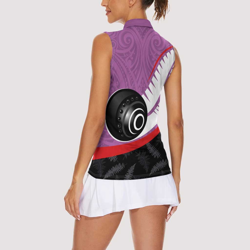 Personalised Aotearoa Lawn Bowls Women Sleeveless Polo Shirt Maori and Silver Fern Sporty Style Pink Color - Polynesian Pride