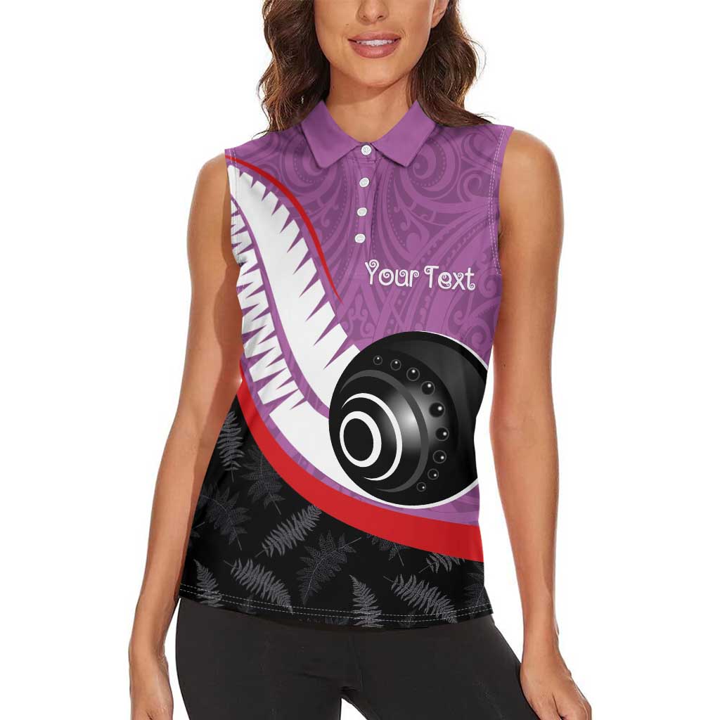 Personalised Aotearoa Lawn Bowls Women Sleeveless Polo Shirt Maori and Silver Fern Sporty Style Pink Color - Polynesian Pride