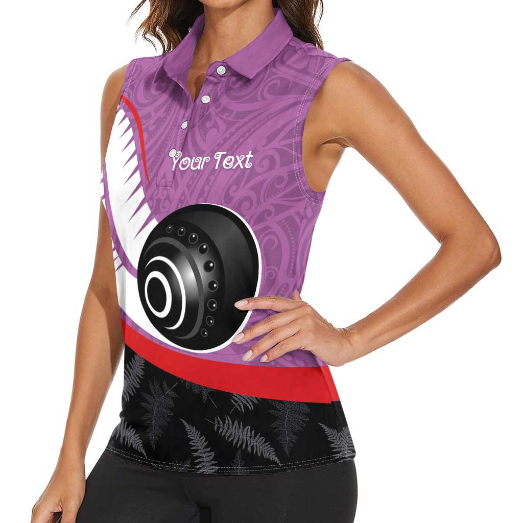 Personalised Aotearoa Lawn Bowls Women Sleeveless Polo Shirt Maori and Silver Fern Sporty Style Pink Color - Polynesian Pride